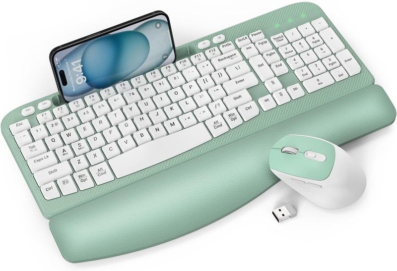 EAYBLLY Wireless Keyboard and Mouse Combo, Wave Keys Full-Sized Ergonomic Keyboard with Cushioned Plam Rest, Phone Holder, Comfortable Natural Typing, 2.4G Cordless Set for Computer, Laptop, PC, Mac, Windows - Image 1